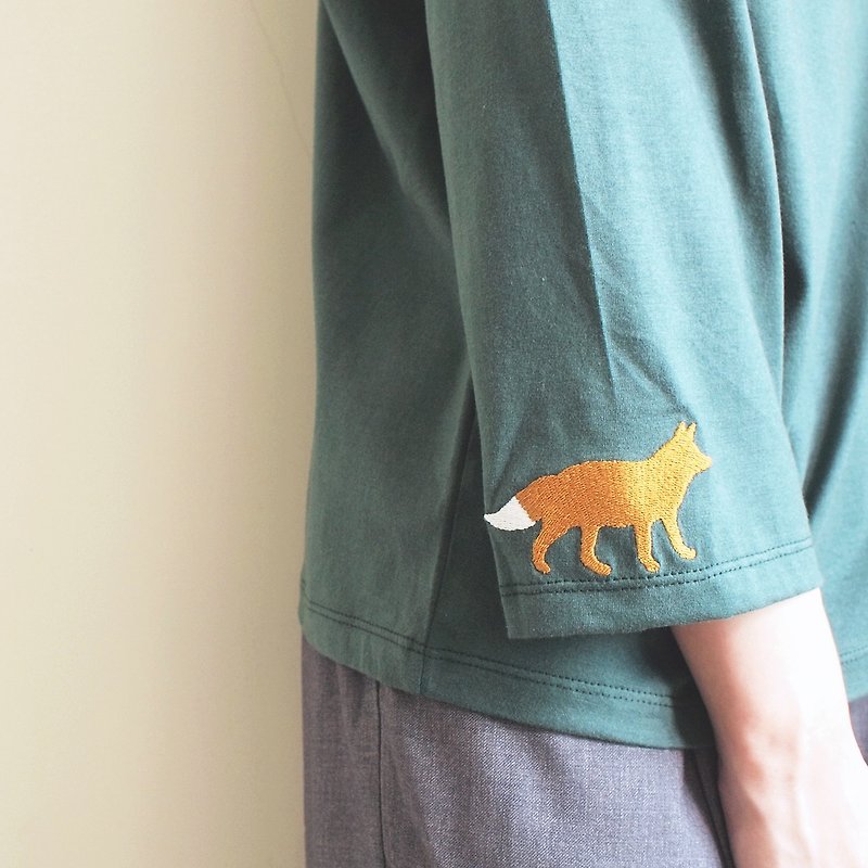 fox sleeve t-shirt : green - 女装 T 恤 - 棉．麻 绿色