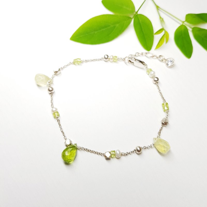 璀璨系列~ 水滴型橄榄石+葡萄石+珍珠纯银手链_8月诞生石 - 手链/手环 - 宝石 绿色