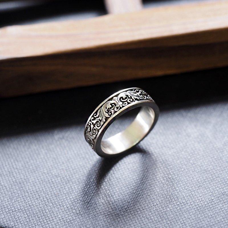 典 雅-欧风雕花细圈戒指 925纯银饰 适合对戒订制 - 戒指 - 纯银 银色