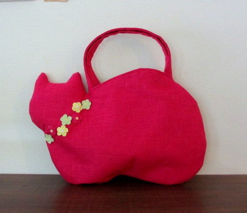 新作 スラブリネン お花の猫バッグ ローズピンクA - 手提包/手提袋 - 棉．麻 粉红色