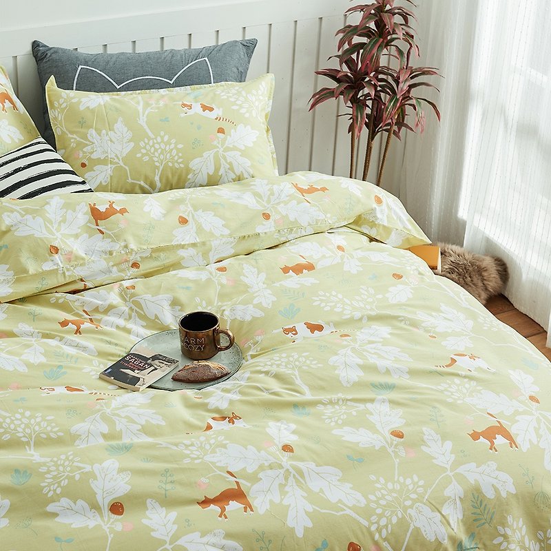 金橡喵 枕套+被套兩件組 單人雙人原創手繪貓咪40支純棉 床包另購 - 寝具 - 棉．麻 黄色