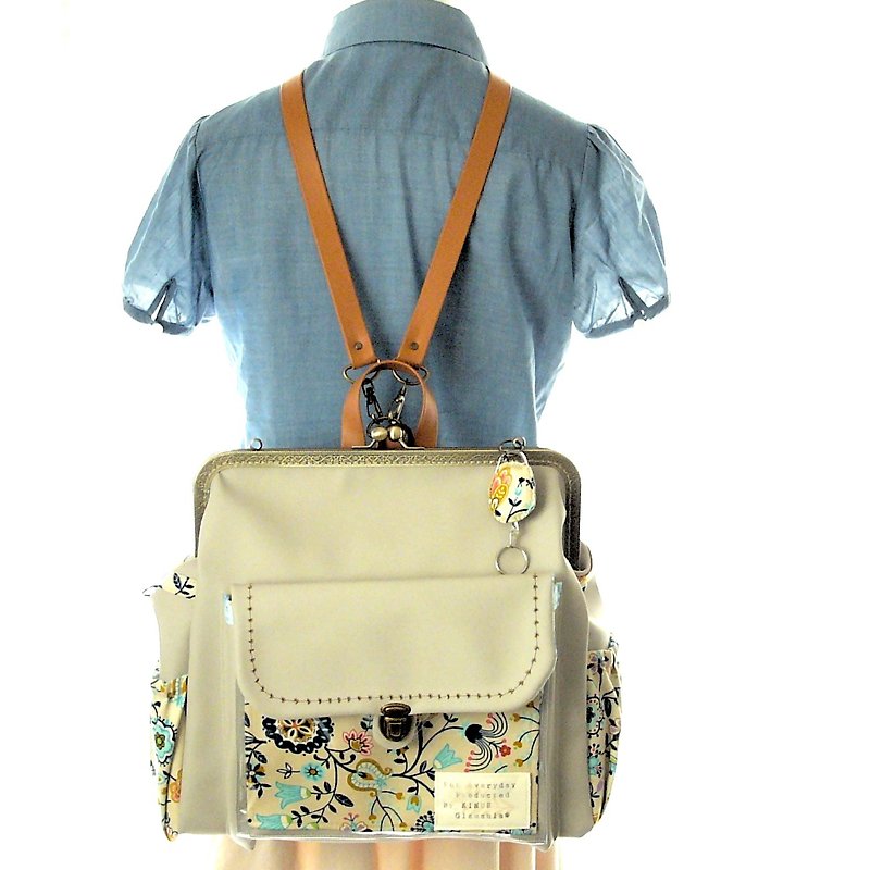 Clear Custom 3 Way with Bottom Left Zipper Backpack Full Back Set Ivory Gurege - 后背包/双肩包 - 真皮 卡其色