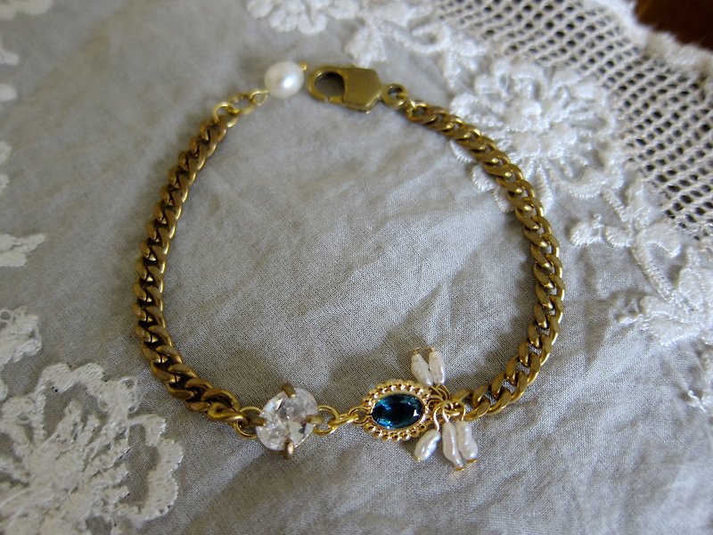 Minertés+蓝色水晶·锆石·珍珠黄铜手链+ - 手链/手环 - 水晶 蓝色