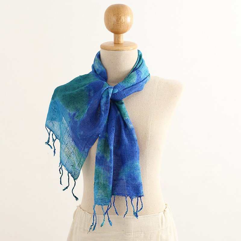 Silk Multiple Tie Dyed Scarf , Blue, Ocean Blue - 丝巾 - 丝．绢 多色