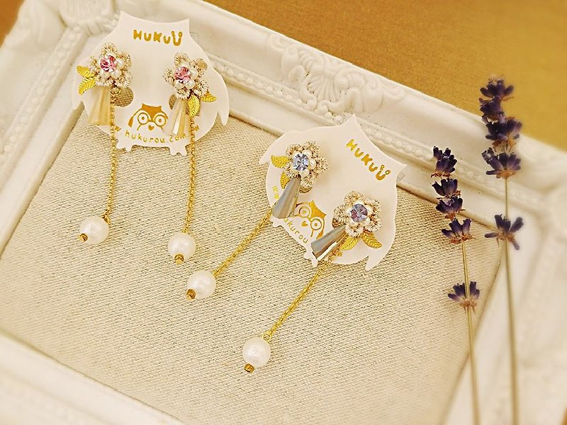 HUKUROU水晶柱小花串珍珠耳环 - 耳环/耳夹 - 其他材质 多色