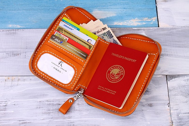 【切线派】意大利植鞣革纯手工真皮护照包旅行收纳钱包003短款黑+橘色 - 手拿包 - 真皮 黑色