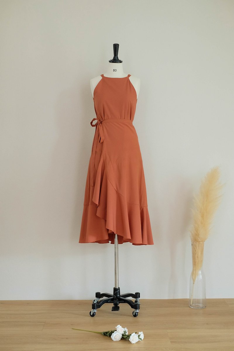 Copper dress Set of bridesmaid dress rustic orange summer wrap top and skirt - 洋装/连衣裙 - 聚酯纤维 橘色