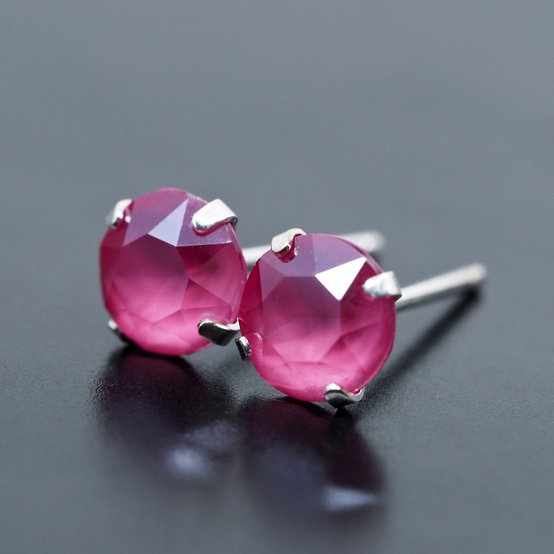 Pink Swarovski Crystal Earrings, 925 Sterling Silver, 6mm Round - 耳环/耳夹 - 其他金属 粉红色