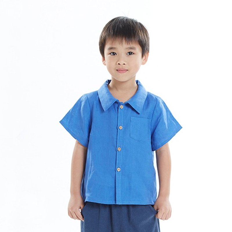 L0227 男童衬衫领短袖上衣-群青 - 其他 - 棉．麻 蓝色