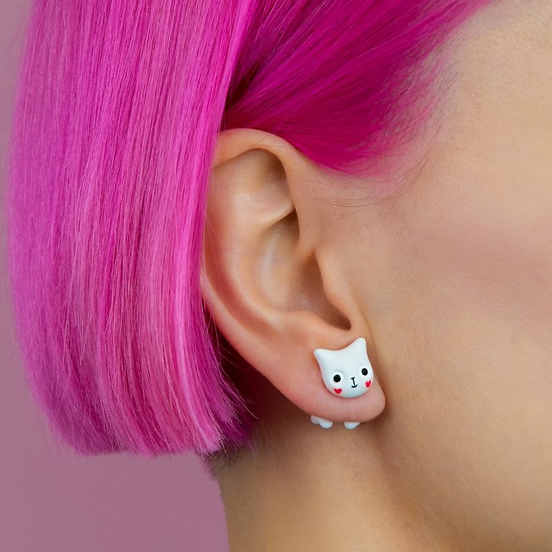 White Valentines Cat - Polymer Clay Earrings, Handmade&Handpaited Catlover Gift - 耳环/耳夹 - 粘土 白色