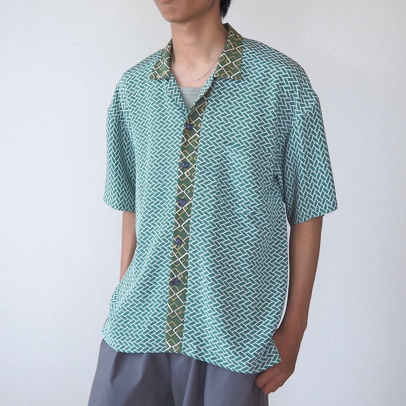 【日本制造】UMUI BLACK LABEL 升级改造和服男士衬衫 L、独一无 - 男装衬衫 - 丝．绢 绿色