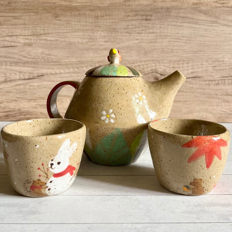 A Lu  快乐鸟儿陶壶及陶杯三件一组/礼物 手作手绘 原创仅此一件 - 茶具/茶杯 - 陶 多色