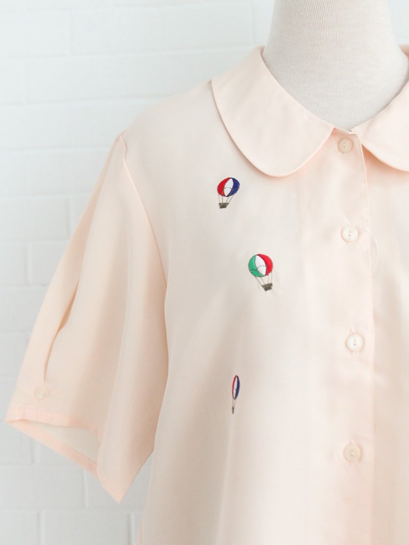 复古日本制可爱几何热气球刺绣粉橘色宽松短袖古着衬衫 - 女装衬衫 - 聚酯纤维 橘色