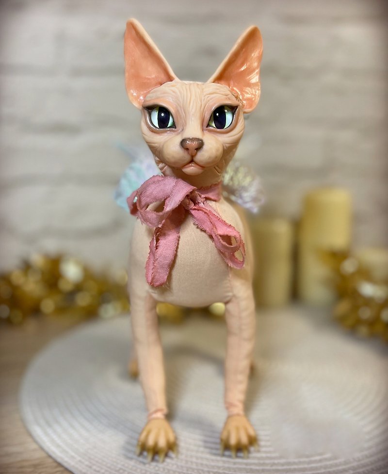 天使斯芬克斯猫娃娃，无毛斯芬克斯猫布偶，可爱的小猫雕像 - 玩偶/公仔 - 粘土 粉红色