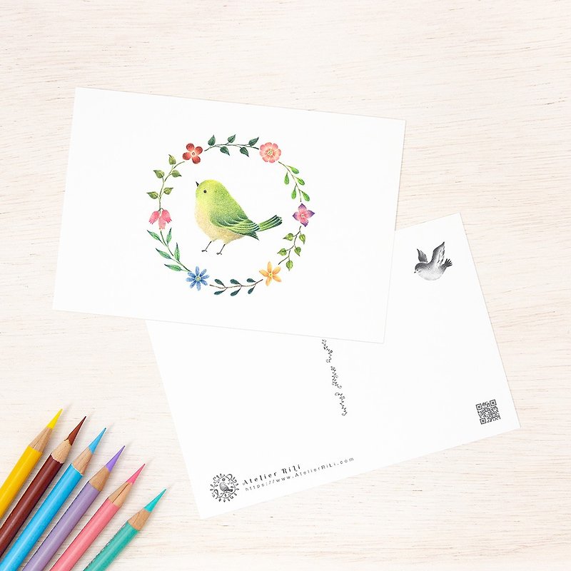 5枚セット。絵本のような。ポストカード "緑色の小鳥と花の輪" PC-43 - 卡片/明信片 - 纸 绿色