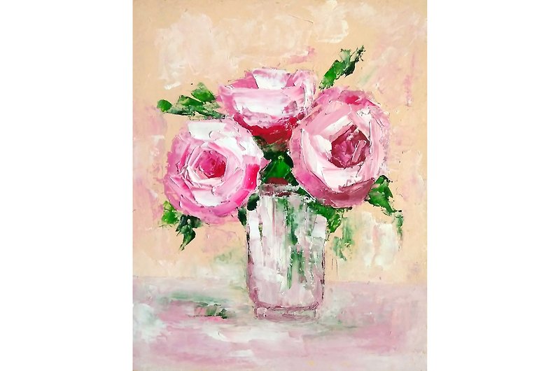 Pink Flowers Original Painting, Roses Wall Art, Floral Artwork, Gift for Woman - 海报/装饰画/版画 - 其他材质 多色