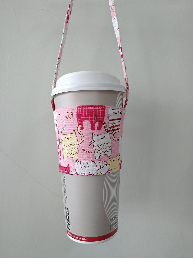 饮料杯套 环保杯套 手摇饮料袋 咖啡袋 手提袋 -小猫咪(粉) - 随行杯提袋/水壶袋 - 棉．麻 