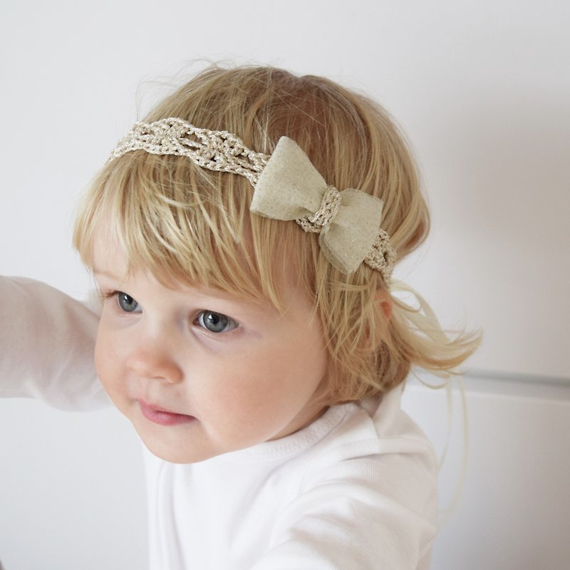 Golden Baby Headband, Crochet Bow Headband, Adjustable Length Gold Headband - 发饰 - 聚酯纤维 金色