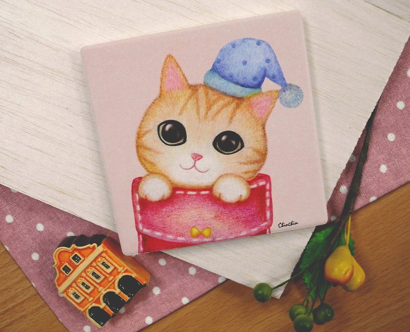 ChinChin 手绘猫咪陶瓷吸水杯垫 - 口袋捣蛋猫 - 杯垫 - 其他材质 粉红色