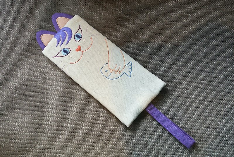 猫抓鱼-微笑紫猫-笔袋 - 铅笔盒/笔袋 - 棉．麻 紫色
