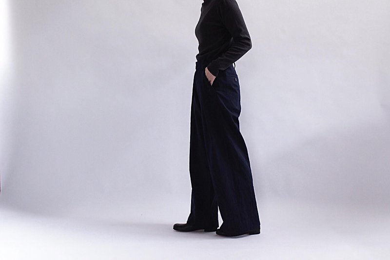 ウールコットンワイドパンツ/NV - 女装长裤 - 棉．麻 蓝色