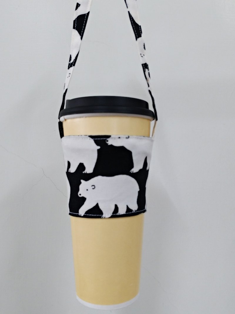 饮料杯套 环保杯套 手摇饮料袋 咖啡袋 手提袋 - 北极熊 (黑底) - 随行杯提袋/水壶袋 - 棉．麻 
