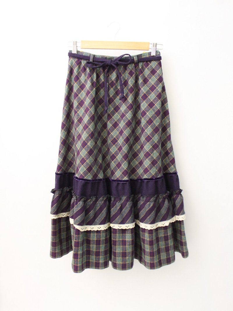 复古欧洲田园风可爱紫灰格纹羊毛古着长裙 European Vintage Skirt - 裙子 - 羊毛 紫色