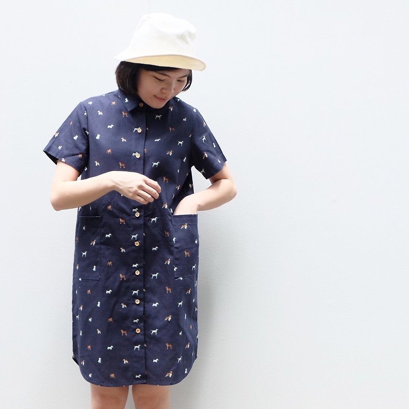 Shirt Dress (Dogs Printed-Navy) - 洋装/连衣裙 - 棉．麻 蓝色