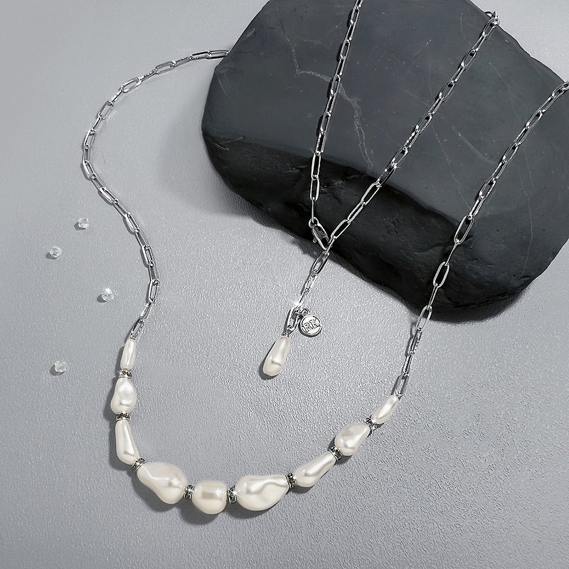 流动之美 - 不规则水晶珍珠长项链 - 长链 - 珍珠 白色