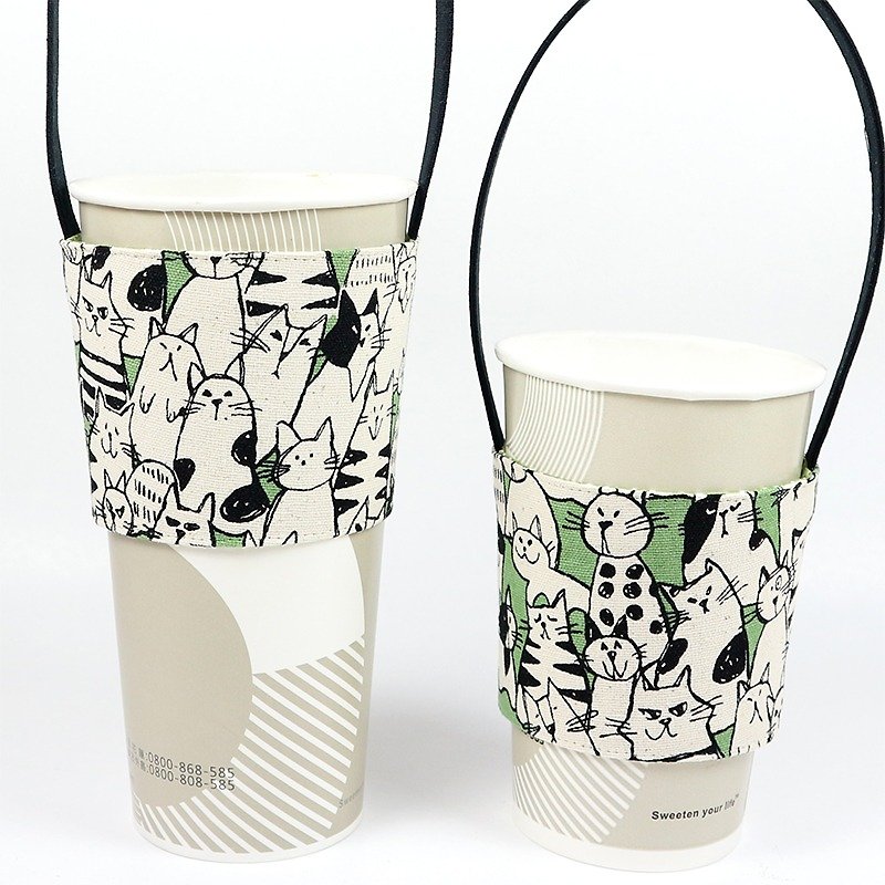 饮料杯套 环保杯套 提袋- 线条猫(绿) - 随行杯提袋/水壶袋 - 棉．麻 绿色