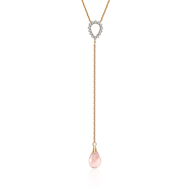 18k粉红石英垂吊水滴形钻石项链 - 项链 - 其他金属 粉红色