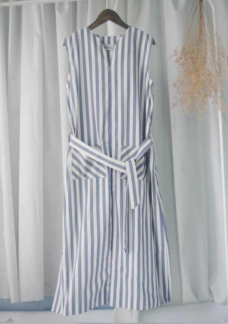 设计手作-文青灰蓝白直条纹俐落开衩长洋装 - 洋装/连衣裙 - 其他人造纤维 蓝色