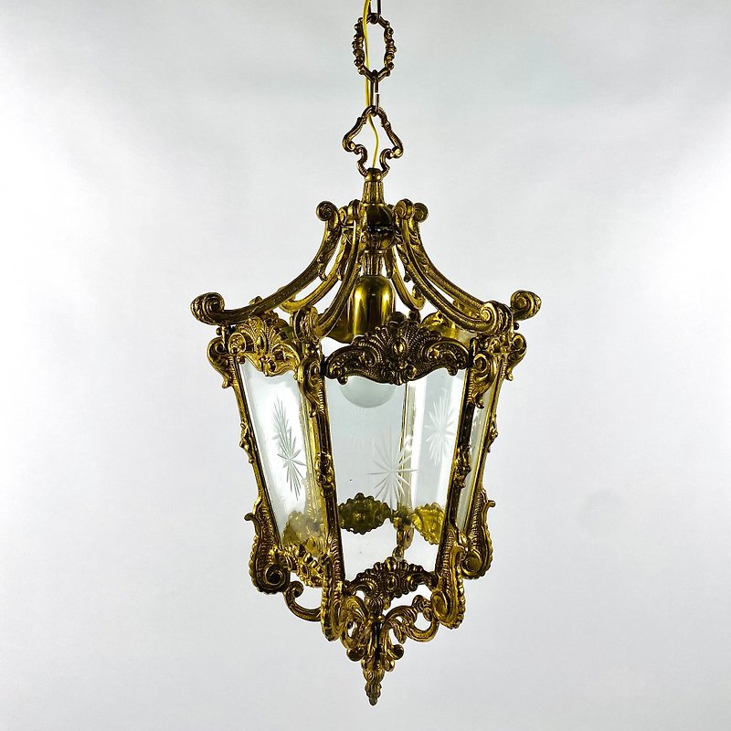 灯笼吊坠古董青铜与蚀刻玻璃面板法国 20 世纪 30 年代 - 灯具/灯饰 - 其他金属 金色