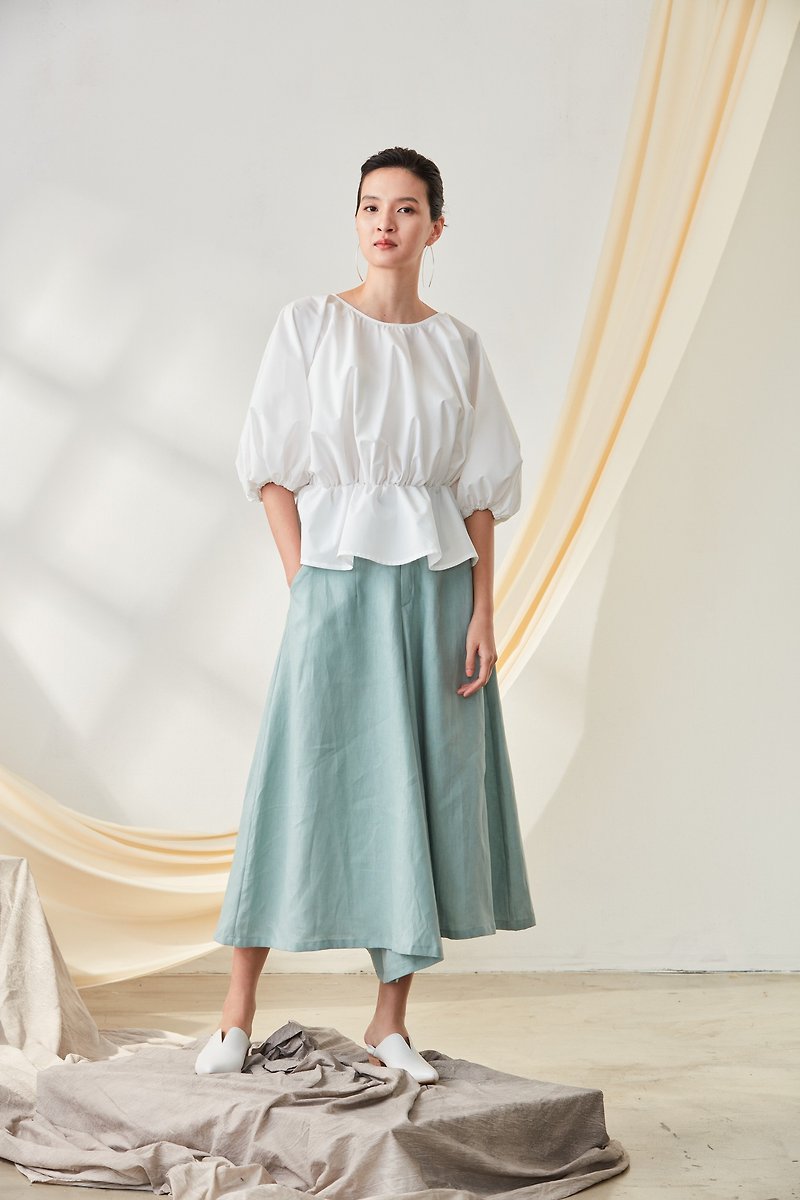 YIBO/新品-花苞泡袖上衣(白) - 女装上衣 - 棉．麻 白色