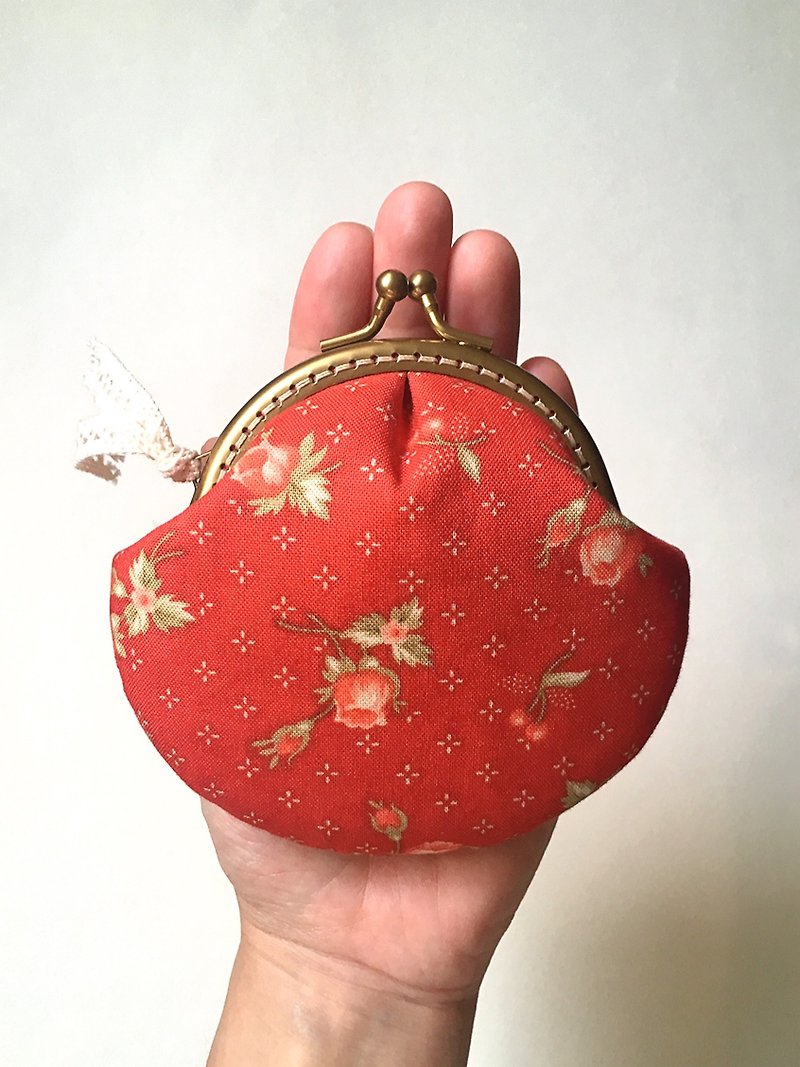 hm2。英式玫瑰 红 贝壳。口金包 - 零钱包 - 棉．麻 红色