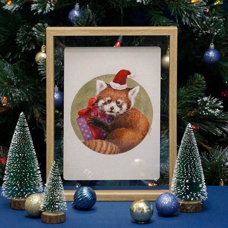 【圣诞小猫熊】绘画原作 |小熊猫耶诞不透明水彩金箔画作 - 画框/相框 - 纸 金色
