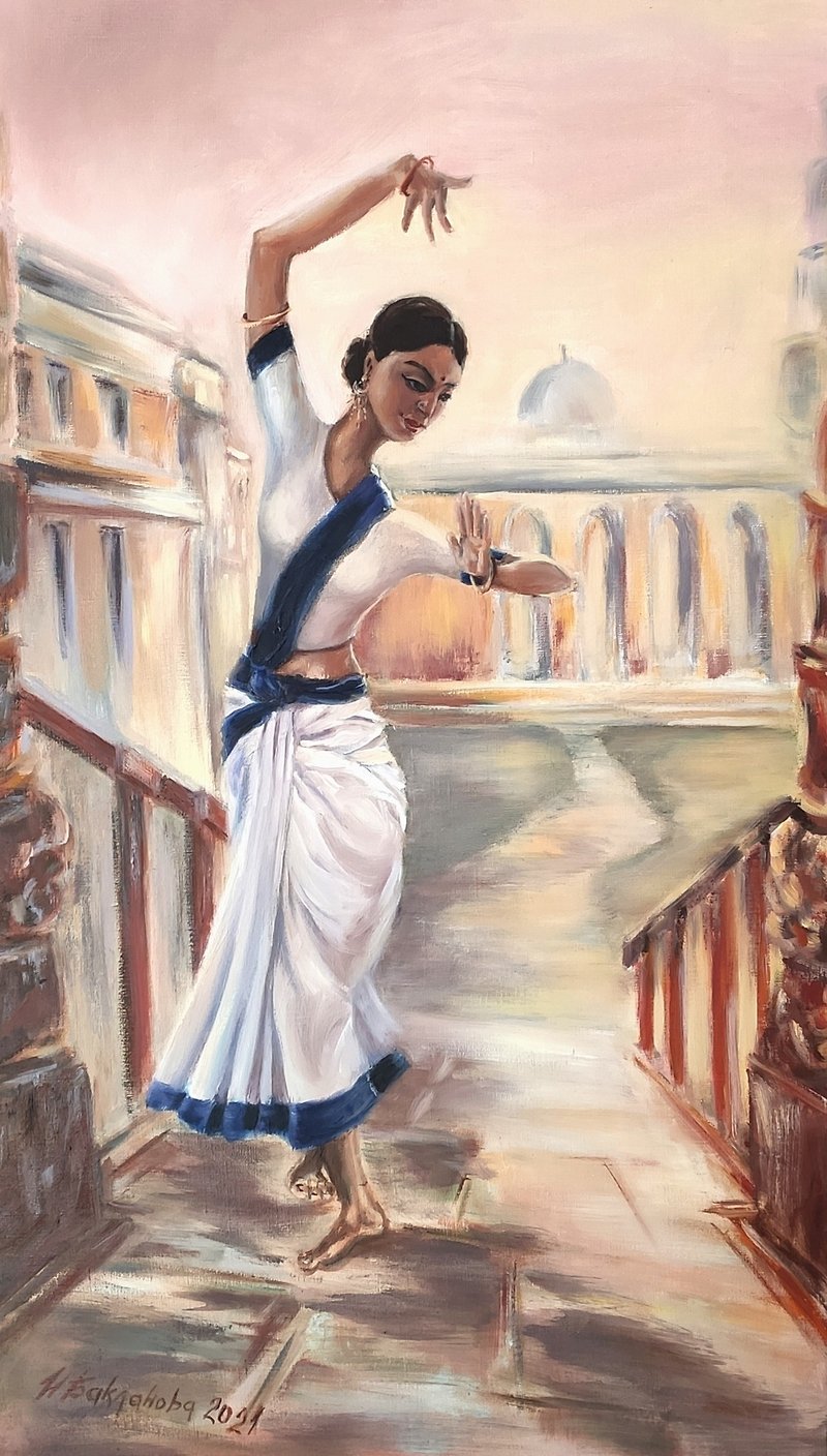 阳光下穿着白色纱丽跳舞的印度女孩原画具象艺术 - 墙贴/壁贴 - 其他材质 白色