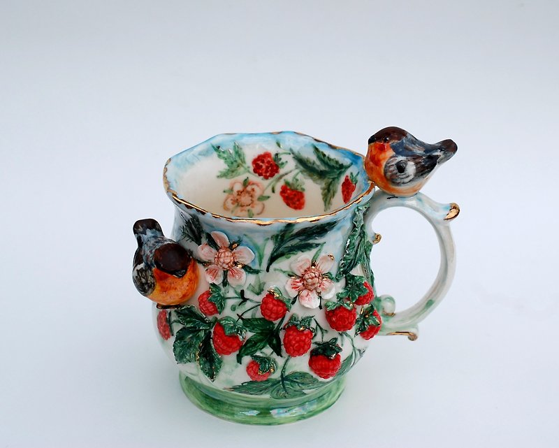 Birds and berries Art mug Raspberry cup Love birds figurine colorful Sculpture - 咖啡杯/马克杯 - 瓷 多色