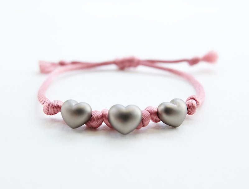 Three gray hearts knot rope bracelet - 手链/手环 - 其他材质 粉红色
