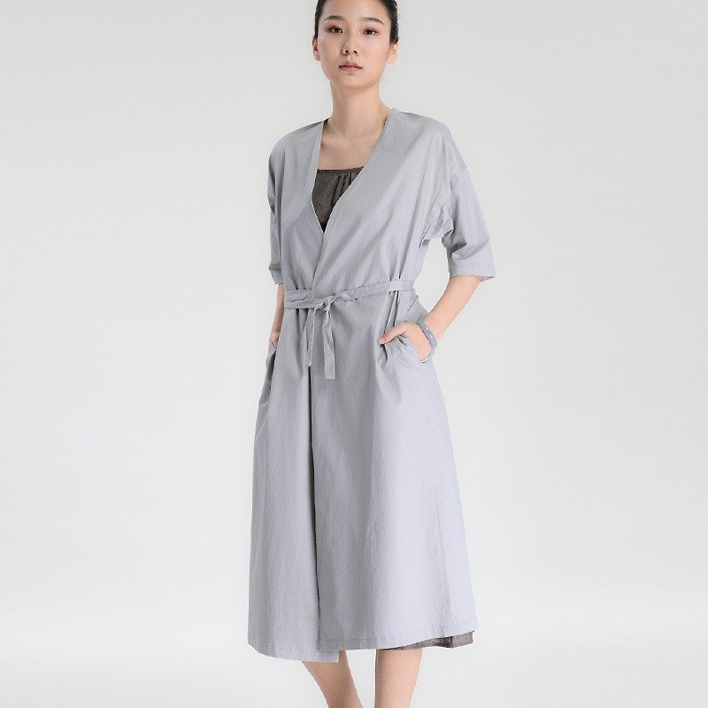 不服 灰色棉质中袖洋裝长袍茶服禅服裙子开衫两穿 D170217 - 洋装/连衣裙 - 纸 灰色