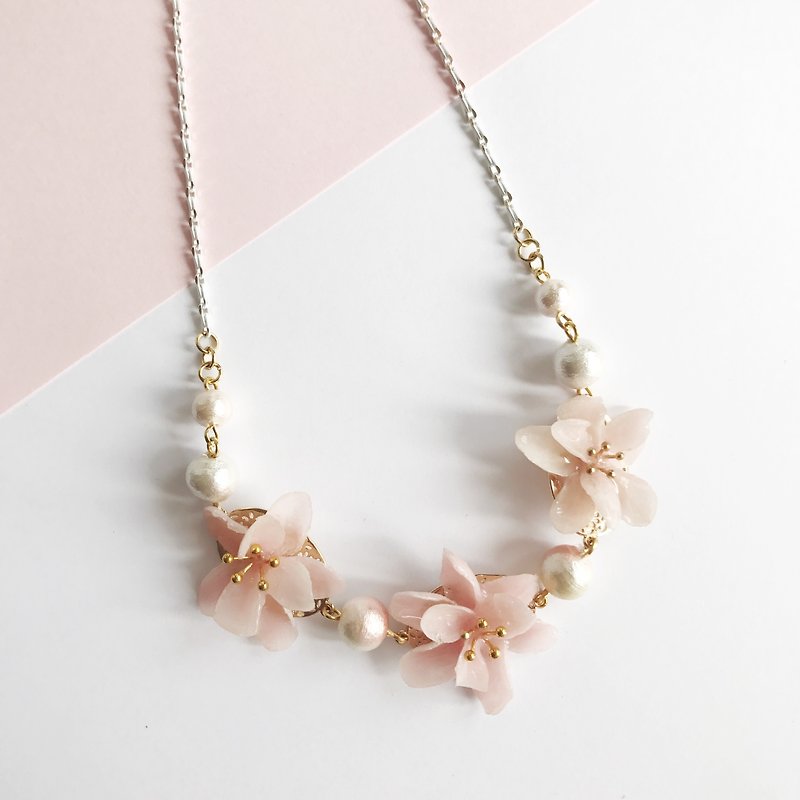 桃花配日本棉花珍珠 立体真花项链 - 项链 - 植物．花 粉红色