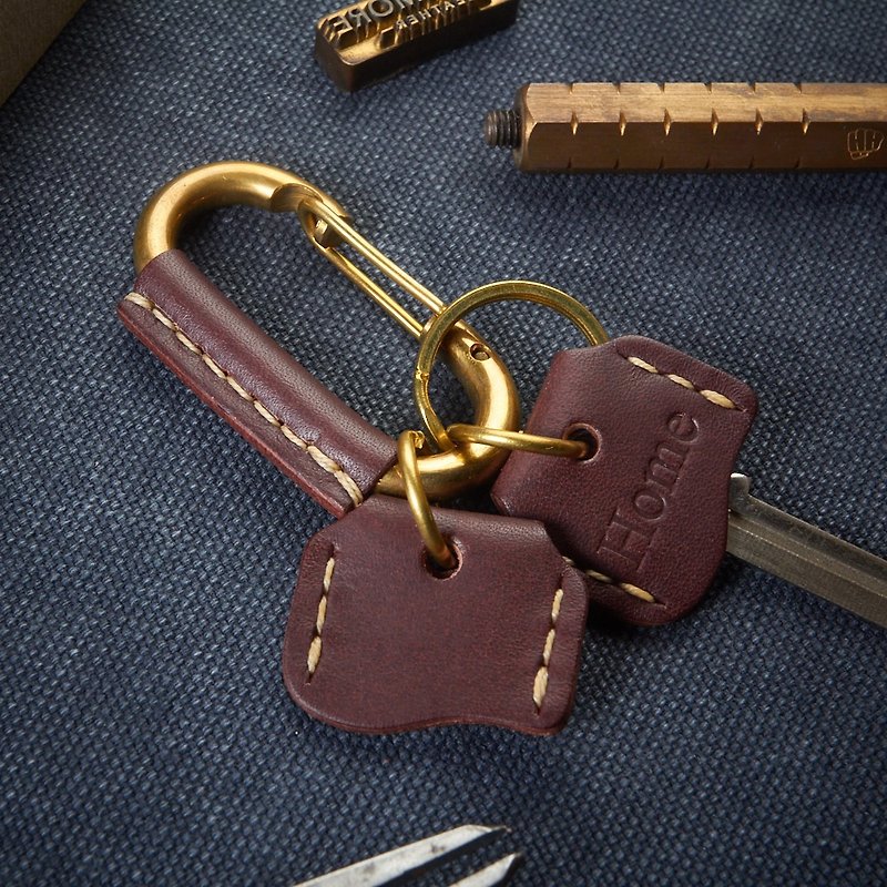 带2个钥匙盖的皮革包裹黄铜登山扣 - 钥匙链/钥匙包 - 真皮 咖啡色
