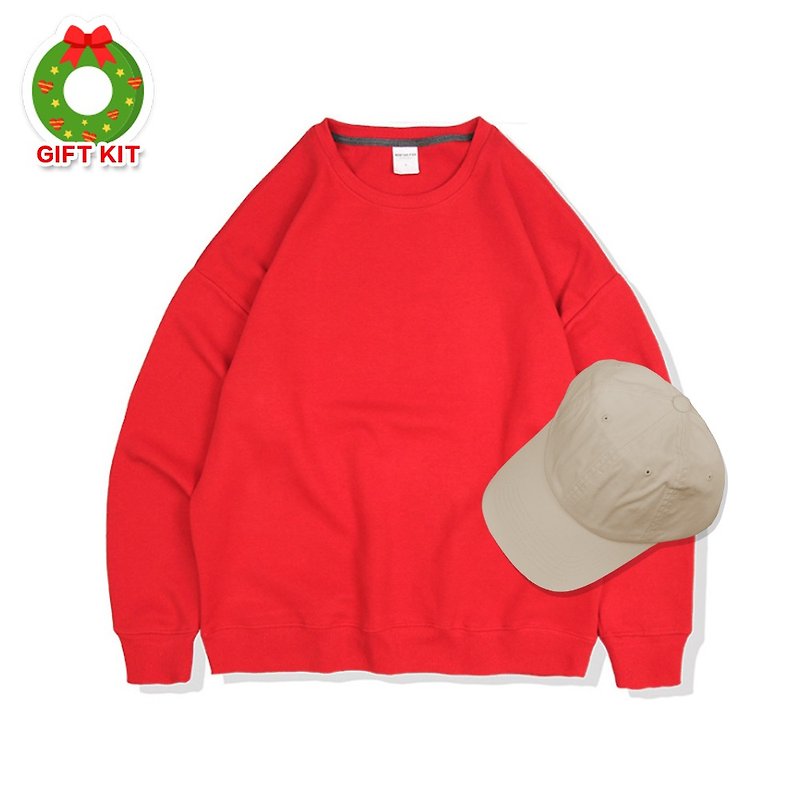 【圣诞礼盒组】可定制 大学T+帽子 (2入组) ::红色:: - 中性连帽卫衣/T 恤 - 棉．麻 红色