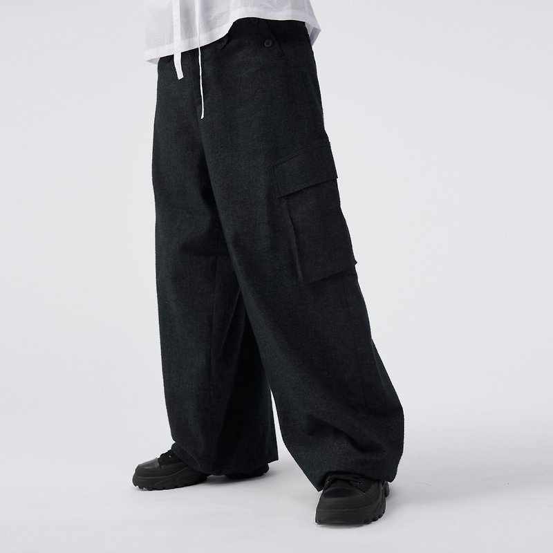 低档扣式宽裤 - 男士长裤 - 棉．麻 黑色