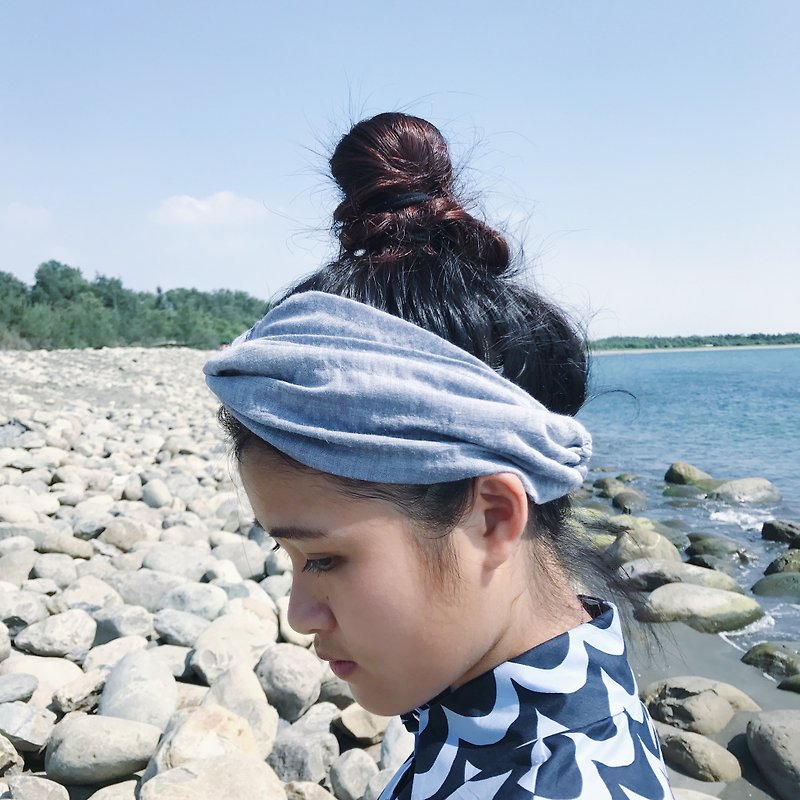 小波粼 巾帽式 松紧极宽版/手工发带 - 发带/发箍 - 棉．麻 蓝色