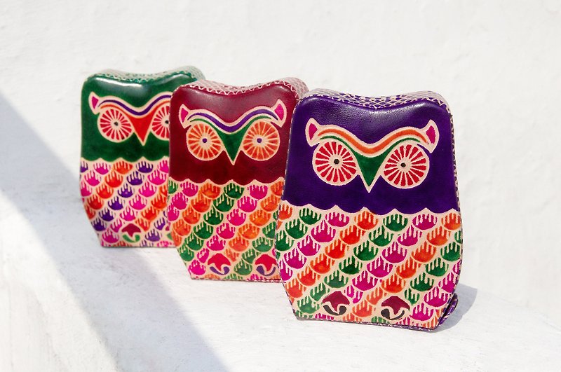 情人节礼物 手工山羊皮存钱筒 / 手绘风格皮革钱包  - 可爱动物 猫头鹰( 紫色 / 酒红色 / 绿色 ) - 储蓄罐 - 真皮 多色