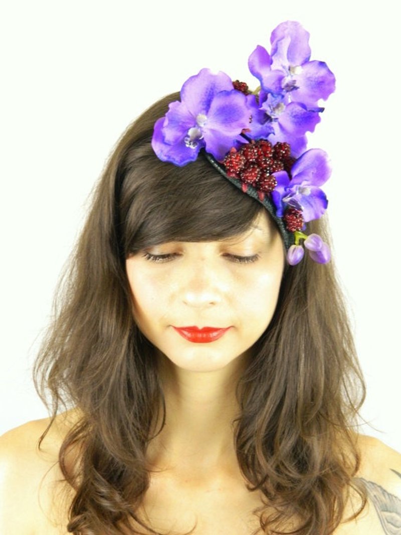 Fascinator Headpiece Feathered with Purple Blue Orchid Cascading and Raspberries - 发饰 - 其他材质 紫色