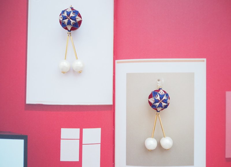 tachibanaya Darkcherries TEMARI earrings Cotton peal サクランボ  レッド ネイビー ベージュ - 耳环/耳夹 - 绣线 红色