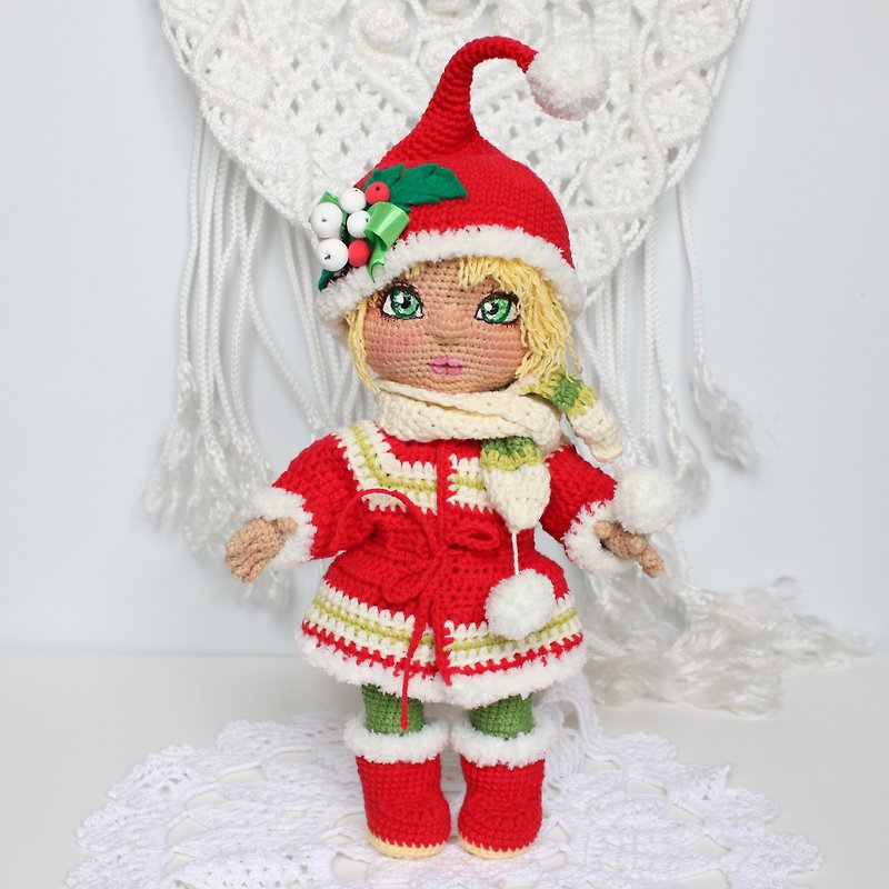 Christmas doll winter clothes Baby girl gift Handmade interior Amigurumi doll - 玩偶/公仔 - 其他材质 蓝色