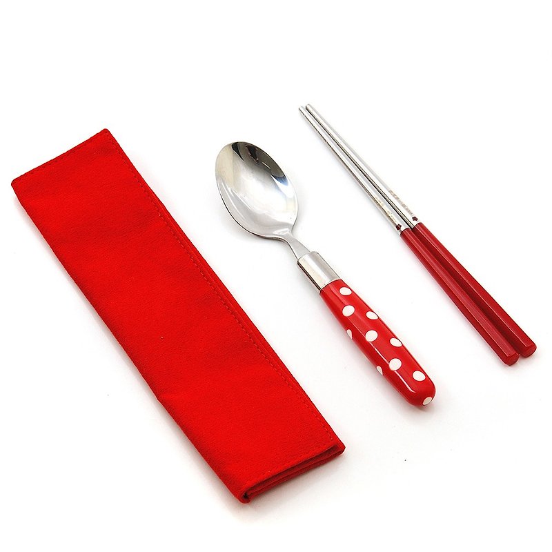 台湾第一筷。红色点点轻便组。小件筷匙组 - 餐刀/叉/匙组合 - 其他金属 